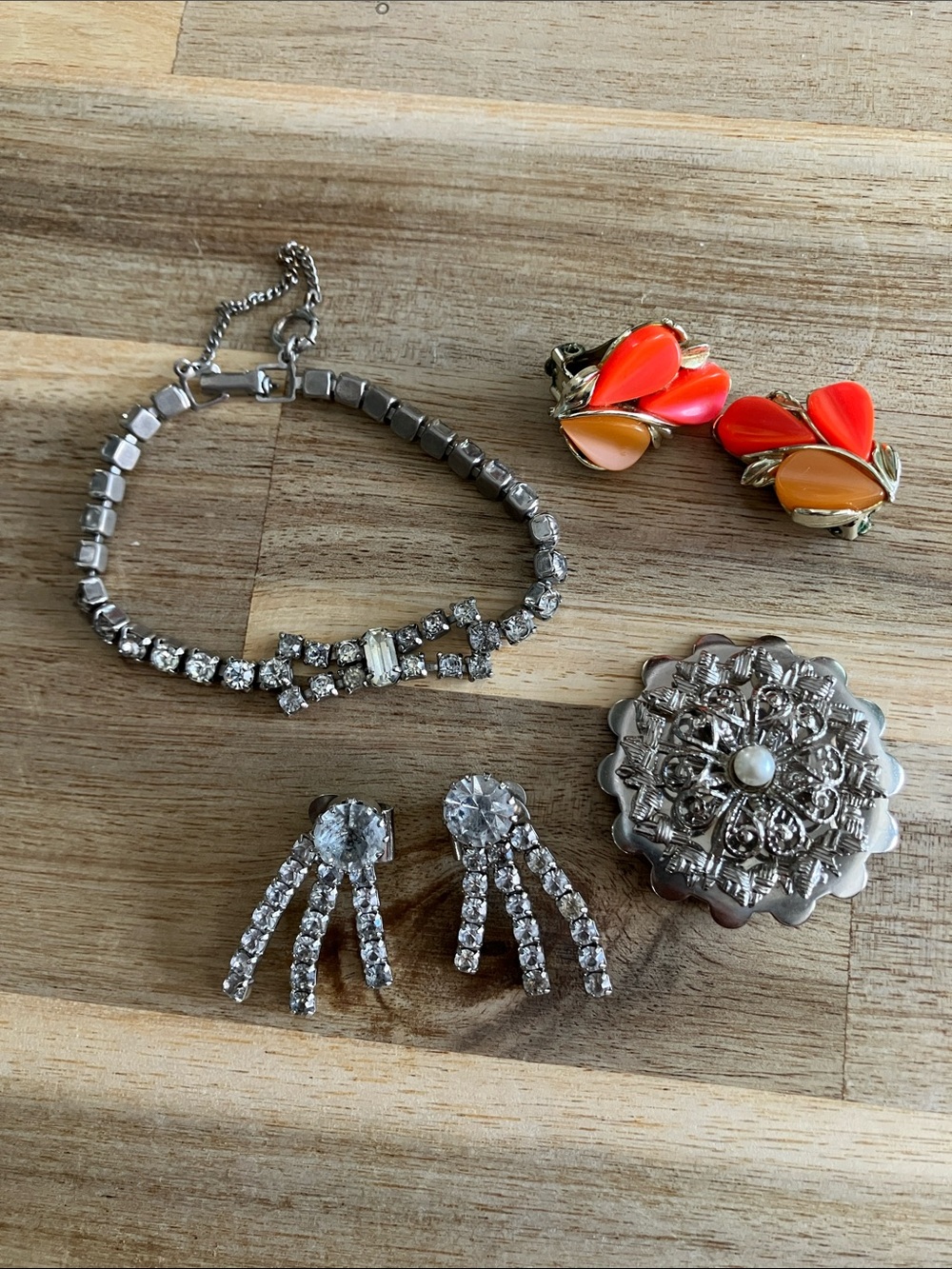 Vintage Jewelry Bundle - Rhinestone Bow Bracelet, Earrings, Shoe Clips, Brooch